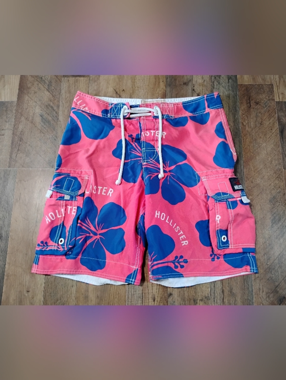 Hollister Pink Cargo Swim Shorts with Blue Floral Print Men's Size: S